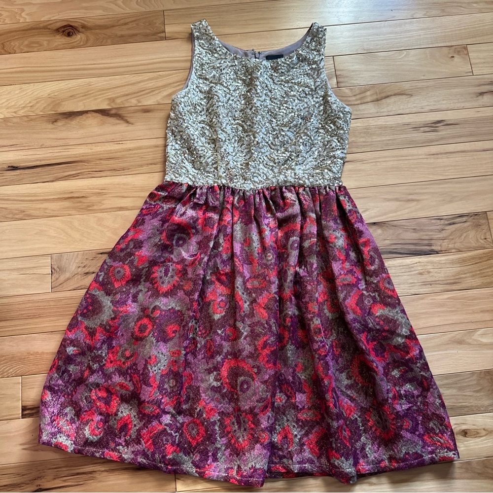 Wren Gold Sequin & Red Floral Fit-and-Flare Dress Sz M